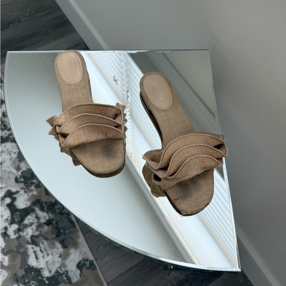 Larroude Tan Suede Sandals with Bow Detail